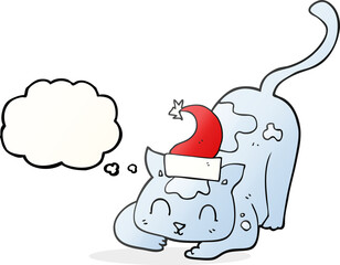 freehand drawn thought bubble cartoon cat wearing christmas hat
