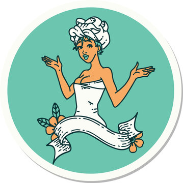 sticker of tattoo in traditional style of a pinup girl in towel with banner