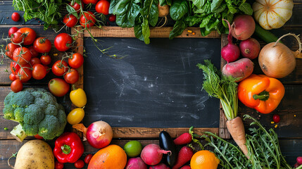 Blackboard with space for text surrounded by fresh vegetables and fruits in an organic market background, with copy space