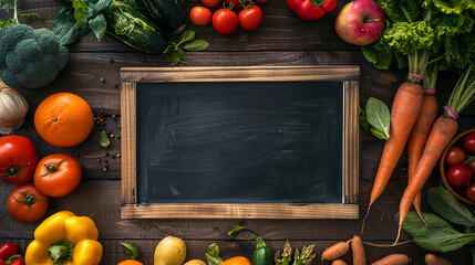 Blackboard with space for text surrounded by fresh vegetables and fruits in an organic market background, with copy space - Powered by Adobe