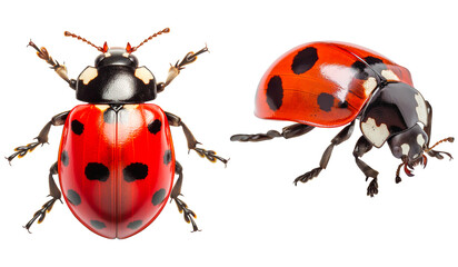 Set of ladybugs with top and side views on a transparent background.