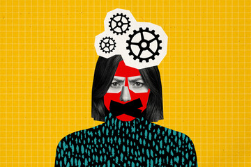 Composite photo collage of young girl short haircut mask taped mouth silent silence turtleneck...