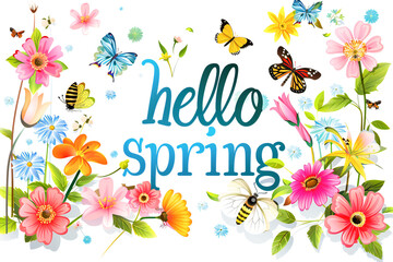 Fototapeta na wymiar Hello Spring text lettering with bright meadow flowers and butterflies 