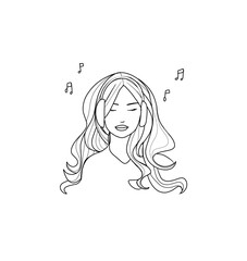Girl person listening to music with headphones drawing lines, cute cartoon  illustration 