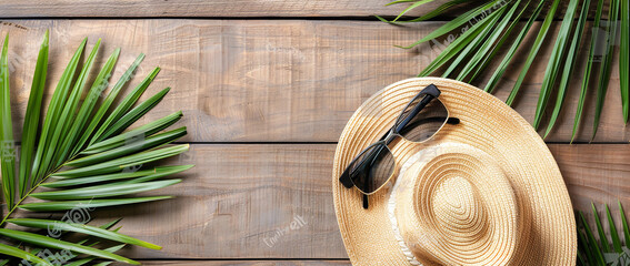Sunglasses and straw hat on wooden background with palm leaves