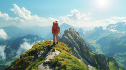 A hiker standing on a mountain summit, enjoying a panoramic view