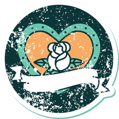 iconic distressed sticker tattoo style image of a heart rose and banner