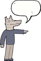 cartoon wolf man pointing with speech bubble