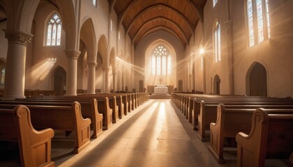 Sunlight streams through stained glass windows, bathing the wooden pews of a serene church interior in a divine glow, suggesting peace and spirituality