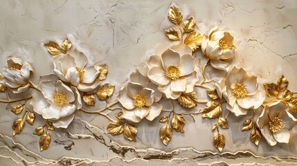 Fototapety  Light decorative texture of a plaster wall with voluminous decorative flowers and golden elements.