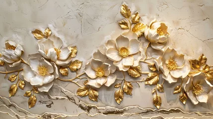 Foto auf Leinwand Light decorative texture of a plaster wall with voluminous decorative flowers and golden elements. © MiaStendal