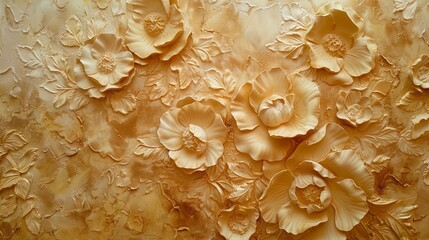 Light decorative texture of a plaster wall with voluminous decorative flowers and golden elements. - obrazy, fototapety, plakaty