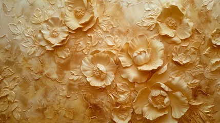 Gordijnen Light decorative texture of a plaster wall with voluminous decorative flowers and golden elements. © MiaStendal