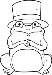 freehand drawn black and white cartoon frog in top hat