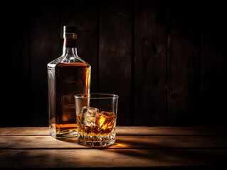 A bottle and a glass of whiskey on a wooden table 