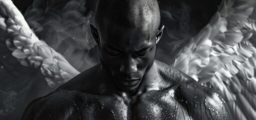 A striking black and white image of a man with angel wings. Perfect for spiritual or artistic projects