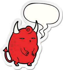 cartoon fat little halloween devil with speech bubble sticker
