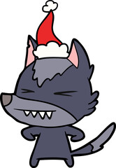 angry wolf hand drawn line drawing of a wearing santa hat