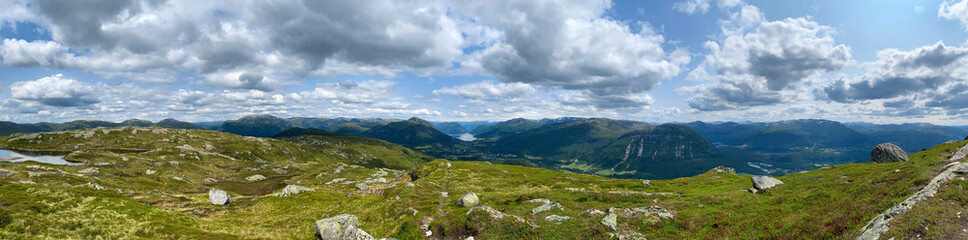 Fototapeta na wymiar Panoramic view of Mountain landscape in Norway with snow, grass and lake