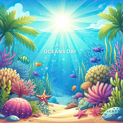 world ocean day, 8 June. world ocean day poster, shinny light coral, Happy World oceans day, sea plants, poster, banner, post, vector, dolphin. shark, coral. sea plants, oceans day, vector design. 