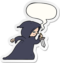 cartoon assassin in dark robe with speech bubble sticker