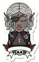 sticker of a crying elf rogue character with natural one D20 roll