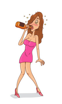 Drunk beautiful woman party holds a beer bottle and feels hangover, drunk girls in alcoholic images. 
Flat, Poster, Vector, Illustration, Cartoon, EPS10. 