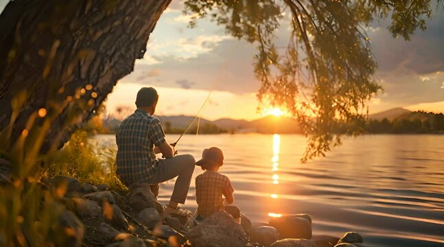 father is fishing with son in the river with a beautiful sun in the background