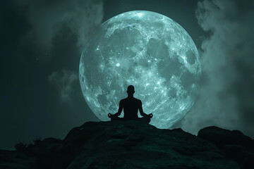 The silhouette of a person in meditation is framed against a luminous full moon - symbolizing...