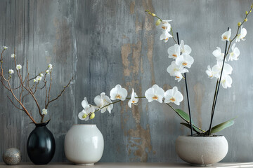 White orchids stand in a glass vase - wide