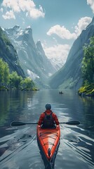 Adventurous Kayaker Navigating Majestic Norwegian Fjords with Breathtaking Reflections of Towering Mountains and Serene Skies