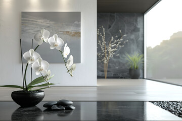 White orchids stand in a glass vase in a minimalist Zen interior - complemented by earthy tones and...