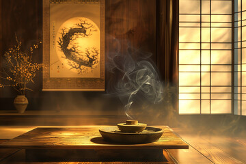 Wisps of incense smoke curl upwards in a room decorated in Zen style - complete with wooden accents and a sense of calm  - wide