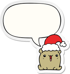 cute cartoon bear with christmas hat with speech bubble sticker