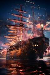 Fantasy illustration of a pirate ship in the sea.3d rendering