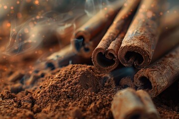 A pile of cinnamon sticks on top of dirt, ideal for food or spice concepts
