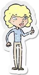 retro distressed sticker of a cartoon woman giving thumbs up symbol