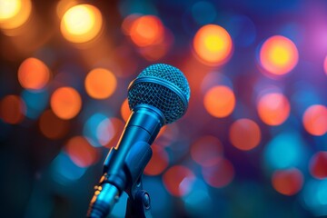 live performance microphone on stage with colorful bokeh background
