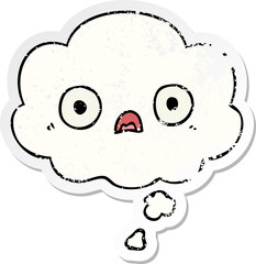 cute cartoon face with thought bubble as a distressed worn sticker