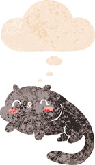 cartoon cat with thought bubble in grunge distressed retro textured style