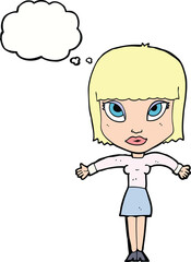 cartoon woman shrugging with thought bubble