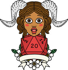Retro Tattoo Style tiefling with natural twenty dice roll