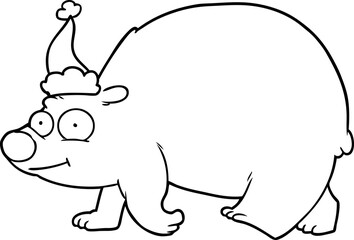 hand drawn line drawing of a walking polar bear wearing santa hat