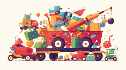 Red wagon with many toys illustration 2d flat carto - obrazy, fototapety, plakaty