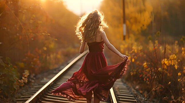 Blonde woman in red dress walking on train tracks