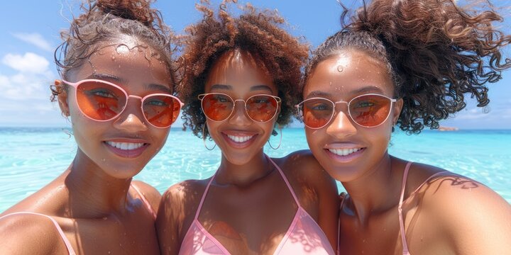 Three Women Embracing Sunshine: Bikini Beauties Strike a Pose