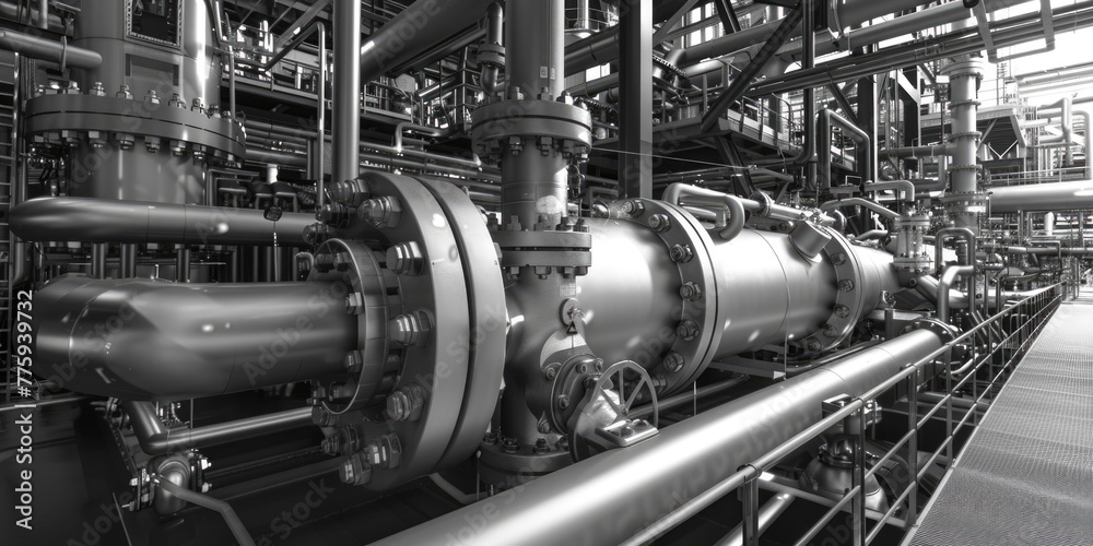 Poster a monochromatic image of industrial pipes and valves. suitable for engineering projects
