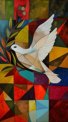 Dove of peace illustration, background with white bird in nature, flying in the sky, holding a branch of olive tree, colorful mosaic or stained glass window style, symbol of peace and freedom