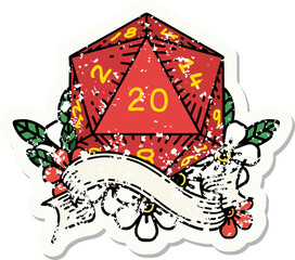 grunge sticker of a natural twenty D20 dice roll