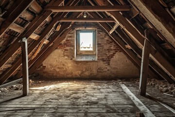 Structured House wooden attic old space. Home board dirty roof with small light. Generate Ai